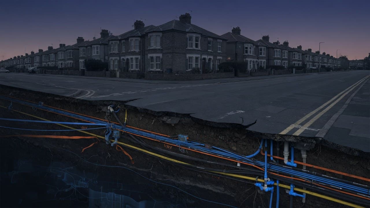 A terraced street at dusk with the road peeled open, revealing an x-ray cutaway of the buried services beneath
