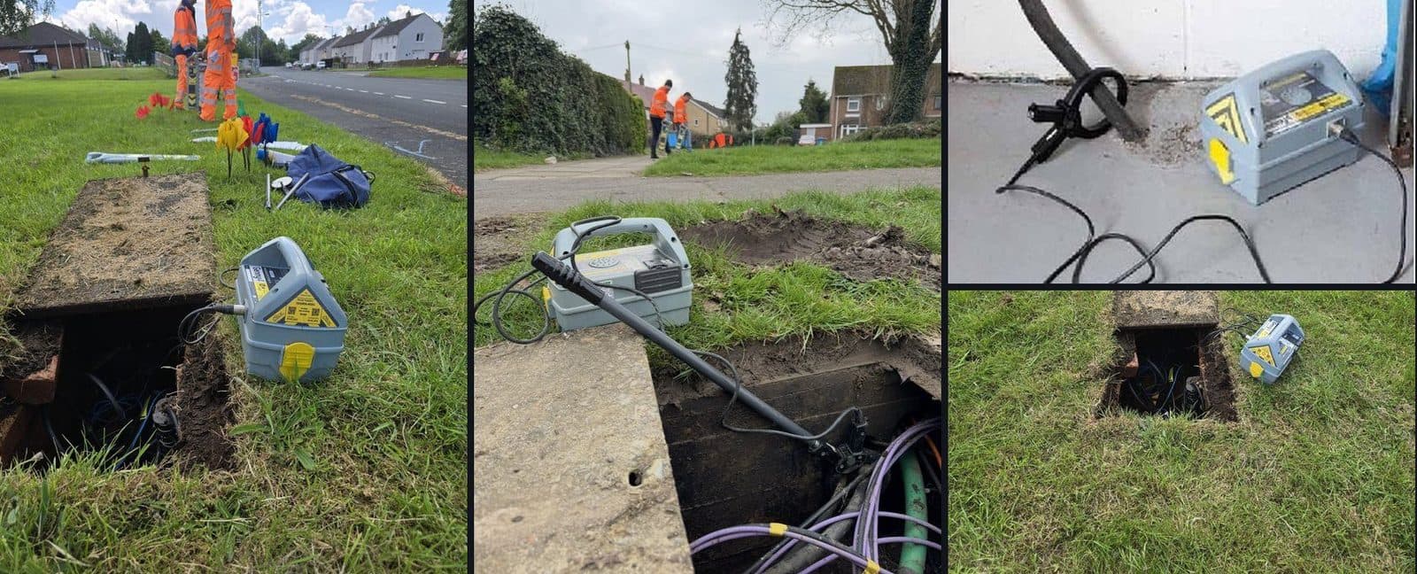 A signal clamp clipped around a cable, and Genny transmitters at open access chambers on cable-location jobs