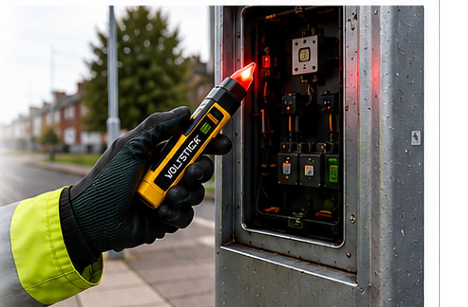 Engineer in hi-vis testing a live street cabinet with a voltstick
