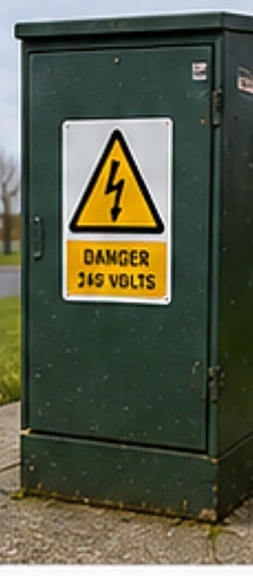 Green street cabinet with a danger high-voltage warning sign